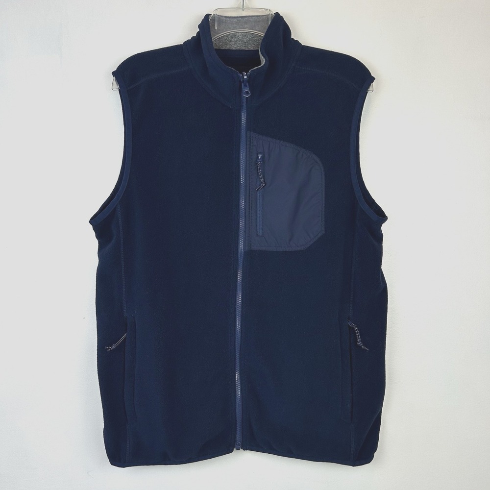 Lands End Fleece Vest Mens Small Navy Blue Zip Pockets Front Zip Casual Preppy